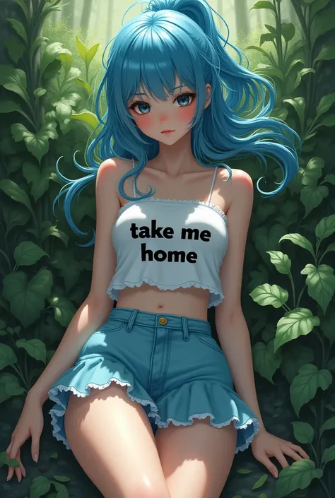 Beautiful girl with sky blue hair in pony tail, short light blue wavy mini skirt, white tube top that says "Take Me Home", Black pupilless eyes and laying in the woods.