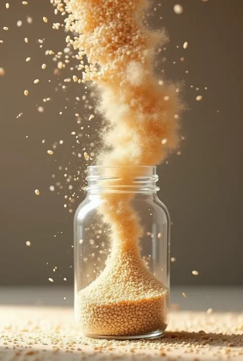 Sesame seeds falling and turning into dust in the air as they enter a jar.
