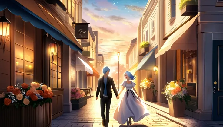 "A romantic evening date in the city. A young woman with short, light blue hair, wearing a flowing white dress, is holding hands with her partner as they walk down a cobblestone street lined with vintage street lamps. She has a normal bust size, and her br...