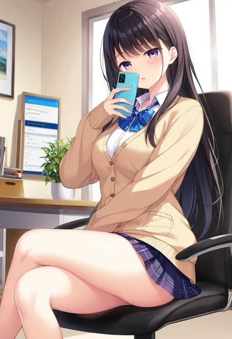 Background: Beautiful room with furniture、High image quality、8k、Anime image quality、Beautiful eyes、Standing posture、cardigan、mini skirt、Long Hair、Sit on a chair with your smartphone