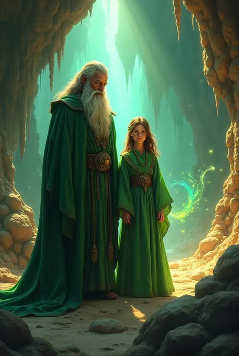 the 40 year old green wizard of dragon cave next to his daughter