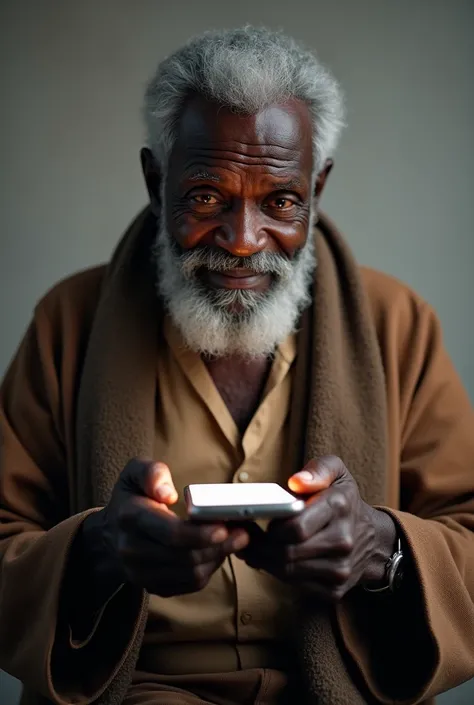 An african black old man holding a Smartphone and showing it to me
Make sure the screen of the Smartphone is clear and the screen of the Smartphone should be white and the Smartphone must be an iphone or samsung