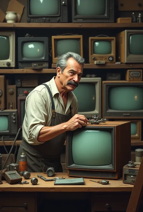 A man with mustache on a shop fixing tv and many other old tvs are there 