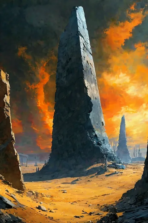 Create an image of an ancient, desolate landscape with crumbling ruins of a once-great civilization. The sky is a dark, ominous orange, hinting at a catastrophic event. In the foreground, a large, shattered stone monument stands, partially covered in sand,...