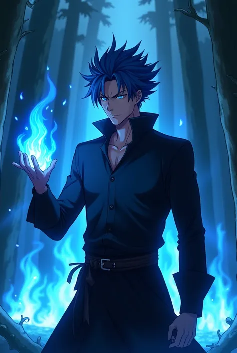 Dark-skinned man with blue hair, black clothing, He holds a blue flame in his hand, In the background there is a forest in blue flames, anime style