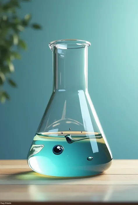 a transparent beaker on a table, inside the beaker have water at the bottom and oil at the top, water and oil with eyes and mouth water looking at oil