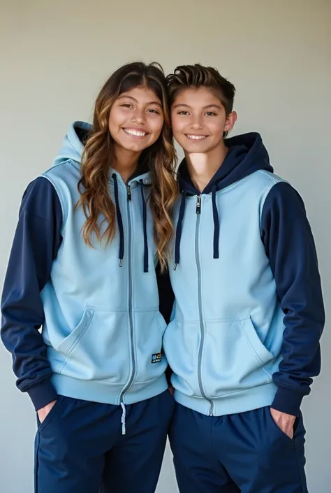 Real image of 2 smiling American teenagers, standing looking forward, wearing a light blue jacket with navy blue sleeves, with navy blue hood, navy blue sweatpants