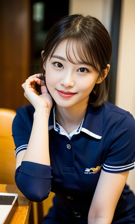 (A stunning chinese lady at night, kitchen, wearing a white short-sleeve button shirt, blue jumper suit, school uniform, plaid tie, plaid hair scarf, youthful charms, smooth complexion, beautiful detailed face, beautiful detailed eyes and lips, long eyelas...