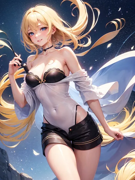 Anime style, super fine illustration, highly detailed, beautiful detailed, static representation, gentle expression, happy expression, Neat feminine expression, 8k, pretty & perfect 1girl with blonde straight short hair & blue eyes & a bright smile & big b...