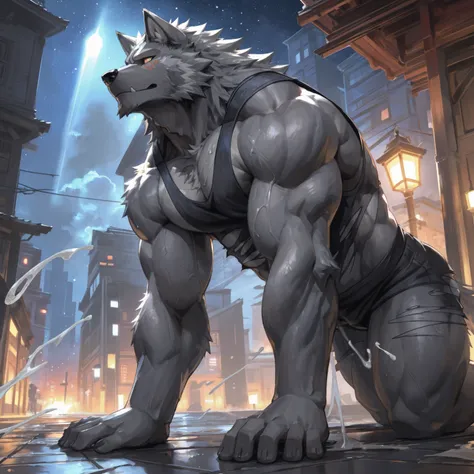 masterpiece,high quality,anime
, Tearing one&#39;s clothes with one&#39;s hands
, 毛むくじゃらの雄の黒Wolf, Wolf, (great physique:1.5), (Strong arms, manly:1.5), (shirtless:1.7) 
, Completely naked, Soaking wet clothes, (A torn dark gray tank top:1.5), Black denim
,...