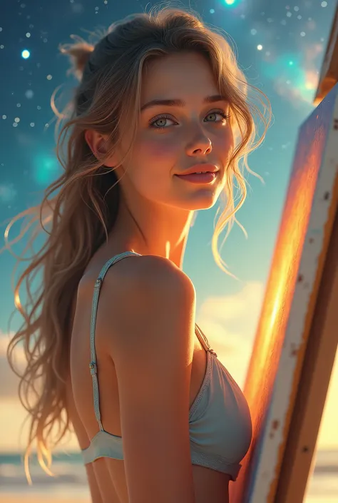 (((masterpiece))), (((best quality))), ((ultra-detailed)),  (detailed light),((an extremely delicate and beautiful)),(beautiful detailed eyes), (sunlight), 1girl, studio, easel, ((((full body shot of a young stunning model girl)))) , nebulas and bright sta...