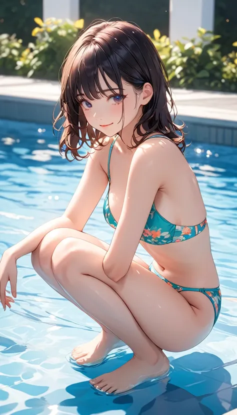 高いquality illustration, masterpiece, Very delicate and beautiful, Attractive girl,(colorful bikini underwear), thin,swimming pool,Beautiful Eyes, A light smile,(masterpiece, Highest quality:1.2), squatting , Very detailed CG ユニティ 8k 壁紙, Perfect lighting, ,...