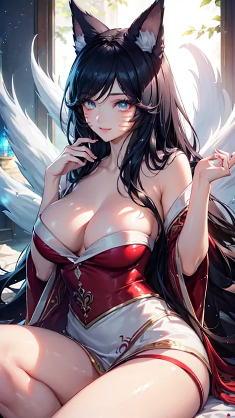 (best quality,ultra-detailed,realistic:1.37),Ahri,spa,luxurious,relaxing atmosphere,beautiful detailed eyes,beautiful detailed lips,smiling,bathrobe,sitting upright,black hair,nine white tails,peaceful background,portraits,vivid colors,soft lighting,tranqu...