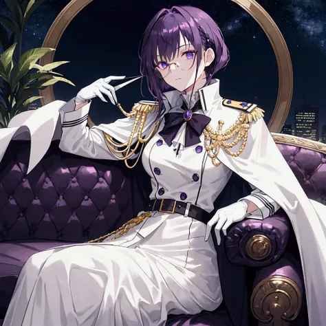 Night sky background, night time, Military uniform, noble clothes, aristocrat, monocle, white cape, white glove, 1woman, solo, dark purple hair, high collar, tied hair, shining hair, medium-large breast, sitting on couch, facing viewer, arrogant, 