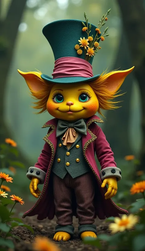 a small lemon humanoid in wonderland, the mad hatter, highly detailed and intricate outfit, mysterious, hyperrealistic, (best quality,4k,8k,highres,masterpiece:1.2),ultra-detailed,(realistic,photorealistic,photo-realistic:1.37),dramatic lighting,vibrant co...