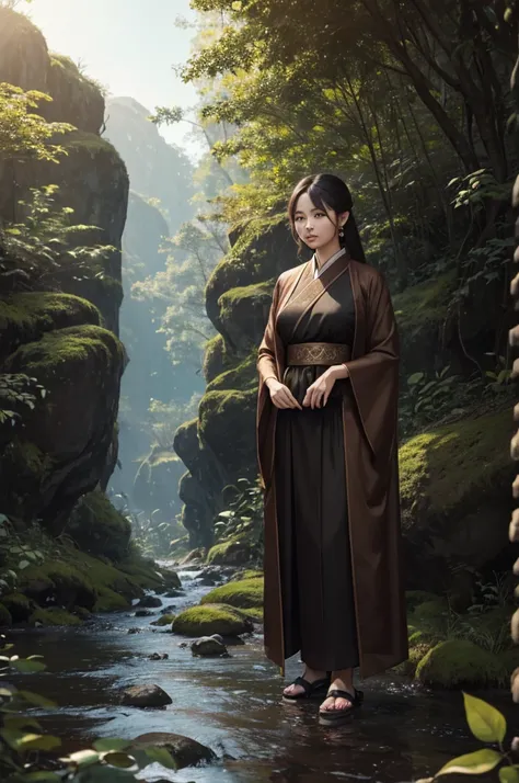 A woman standing in a ravine, Turning to the left, Beautiful CG lines, asian woman,  Wearing a black and brown outfit