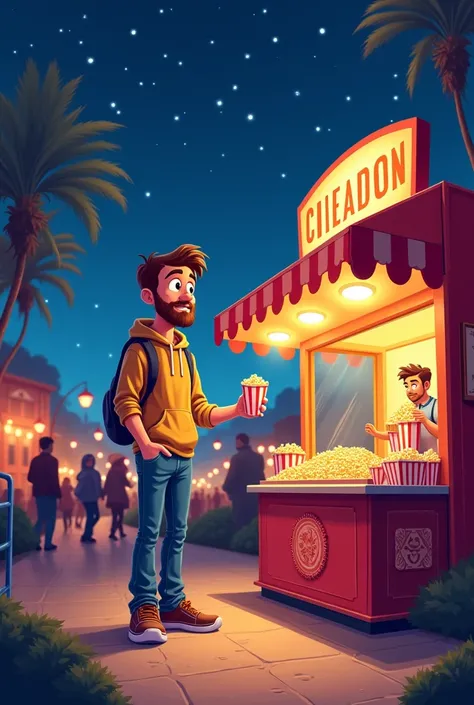 A man buying some popcorn and candy at night, cartoon style