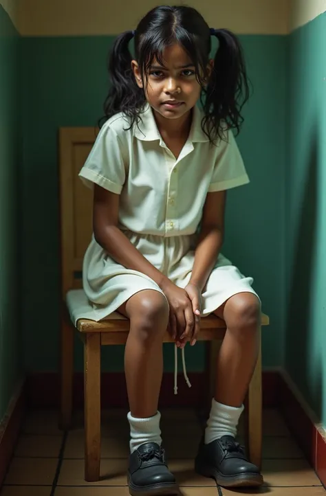 Highly detailed srilankan little school girl face, Highly detailed   in a highly detailed srilankan school uniform, Highly detailed wet white uniform this needed, wet socks and shoes, Highly detailed wet hair this needed, Highly detailed wet face, Highly d...