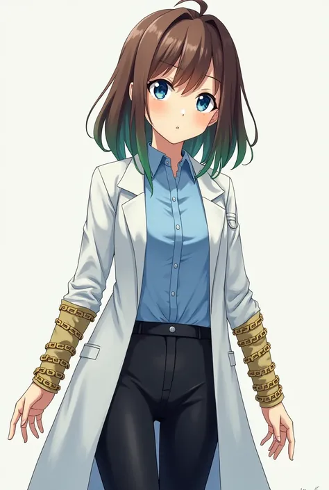 Japanese anime style art: Young woman with brown hair with green highlights at the ends, wears a blue dress shirt and black dress pants as well as a long white lab coat, has golden chains wrapped around both arms, has a gentle expression and blue eyes that...