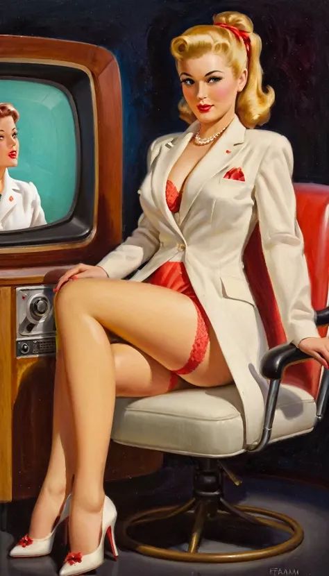 With legs apart、Art Frahm 1950s pin-up style.ponytail、Blonde、Very large breasts、White business suit、(Black it on a chair、Red panties、Television studio、high quality, detailed face, detailed body, masterpiece