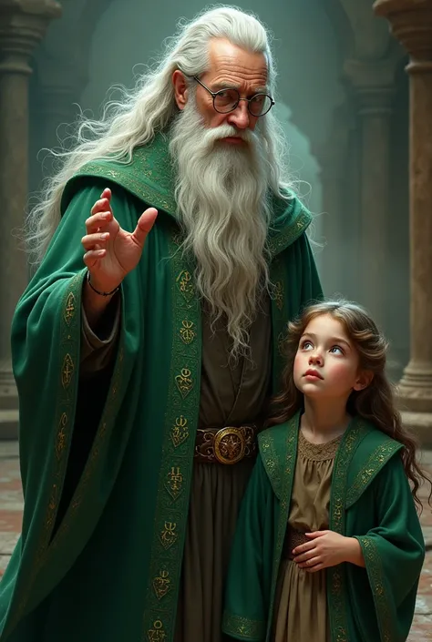 forty year old adult wizard, with green colored wizard clothes, glasses next to his daughter 