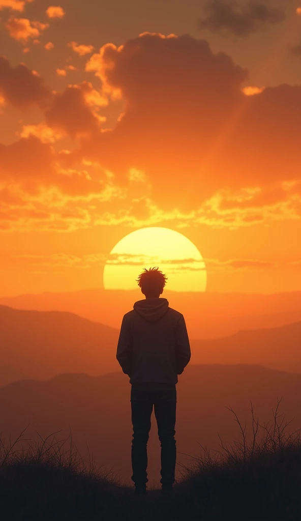  A person looking into the horizon, contemplating life decisions, with the sun setting in the background, casting long shadows. The scene should evoke a sense of reflection and the passage of time.