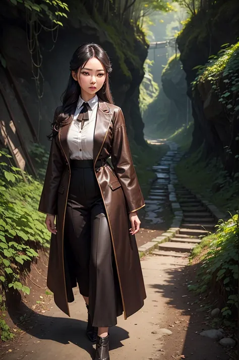 A woman standing in a ravine, Turning to the left, Beautiful CG lines, asian woman, Wear a fashionable black and brown outfit.,