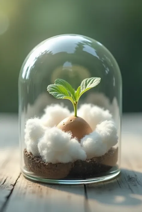 a seed wrapped in cotton inside a transparent plastic cup
