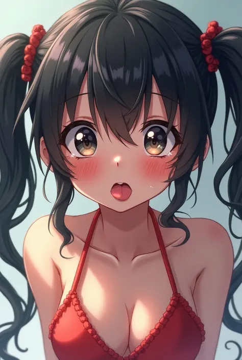 One girl, Black Hair, Twin tails, Sticking out tongue, Blushing, I want to cry, bikini、Realistic、Ahegao


