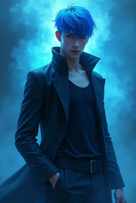 Young man with blue hair, with black clothing, blue aura,