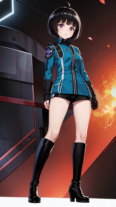 One Girl, alone, amateur_chika, short hair, Black Hair, Blunt bangs, Bobcut, Ahoge, Purple eyes, Long sleeve, Blue jacket, Uniform, Black Shirt, turtleneck, Symbolism, Short black shorts, Black boots, carry a long rifle, Cowboy Shot、Thighs、Black thigh-high...