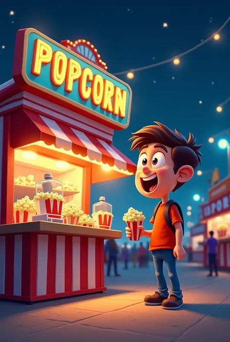 A man buying popcorn and candy at night in cartoon style 