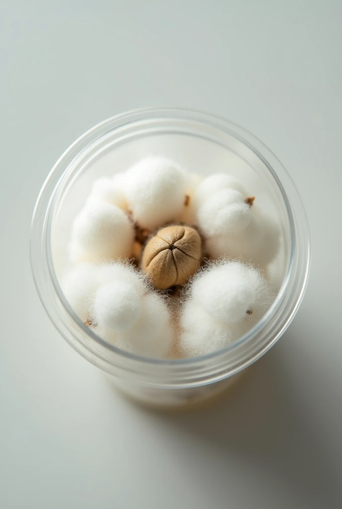 A seed wrapped in cotton inside a transparent plastic cup but the seed is small and without leaves with the cup and the image taken from above

