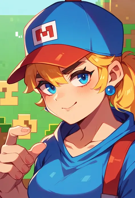 a minecraft artwork,super mario,red cap,blue clothes