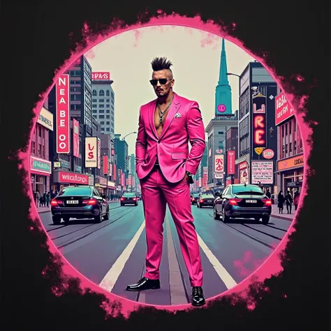 A stunning atompunk illustration, modern fabric print, trending on tiktok, (masterpiece:1.2), (high quality: 1.2), a 40-year-old handsome man with mohawk, wearing a pink suit and sunglasses in the middle of a busy street in Las Vegas, Nevada. The man is st...