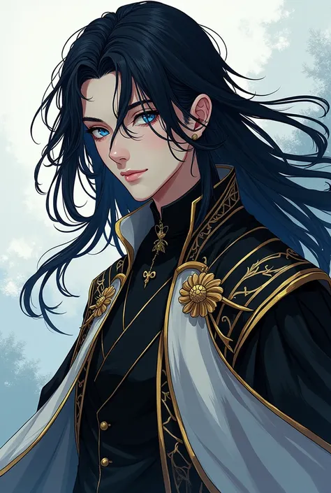 Make a murim manhwa character, with long black hair, He has blue eyes with a black shadow under his eyes,he wears a black and white cloak with gold details, he is a man and handsome with a young appearance. I don&#39;t want a realistic character just from ...