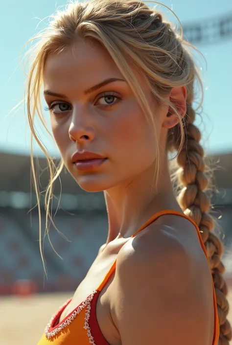 Close up, ultra-detailed,(realistic,photorealistic,photo-realistic:1.37), 1girl, athletic, skinny, teen with young face and small breasts, squatting, blond messy hair with braids, 17y, tight shiny pole vaulters outfit with frills, daytime stadium, posing, ...