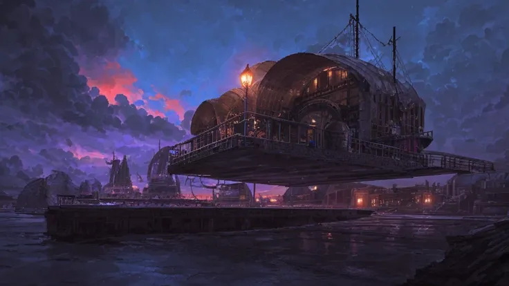 airship hangar, magitech, fantasy, final fantasy, high fantasy, airships docked, platforms to walk on, steps leading to the dock...