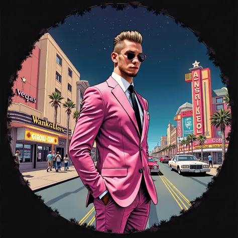 A stunning atompunk illustration, modern fabric print, trending on tiktok, (masterpiece:1.2), (high quality: 1.2), a close-up of a 40-year-old handsome man with bold head, wearing a pink suit and sunglasses in the middle of a busy street in Las Vegas, Neva...