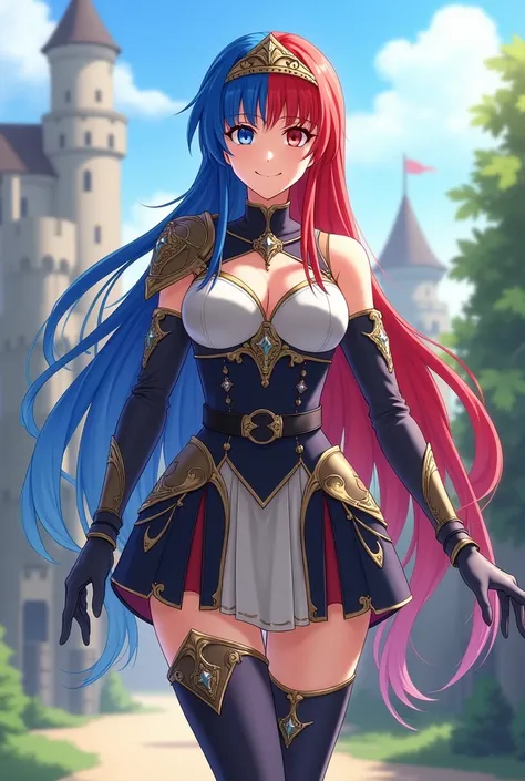 masterpiece, realistic Photo, best quality, 1girl, solo, (alaer, fire emblem), very long hair, heterochromia, split-colorred and blue hair, tiara, armor, gloves, jewelry, thighhighs, skirt, boots, smiling, parted lips, happy, outdoors, castle, detailed bac...