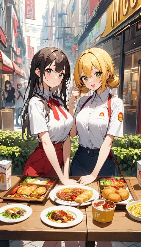 Two Women、Sisters、beautiful girl、McDonald&#39;s、Sit on a chair、Holding a hamburger with both hands、eat、Eat a parfait、Potatoes on the table、high school girl、School、目を閉じてsmile、smile、Blazer uniform、Pleated skirt、Black knee-high socks、Long Hair、Highest quality...