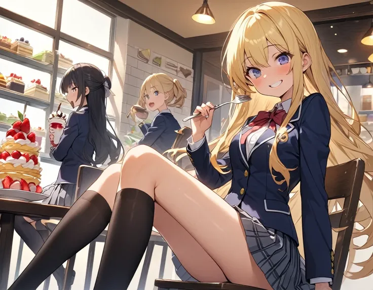 Two Women、Sisters、beautiful girl、sweets shop、Sit on a chair、Holding a fork、Eat sweets、Eat a parfait、Parfait to the table、high school girl、School、目を閉じてsmile、smile、Blazer uniform、Pleated skirt、Black knee-high socks、Long Hair、Highest quality、Ultra HD、Black Ha...