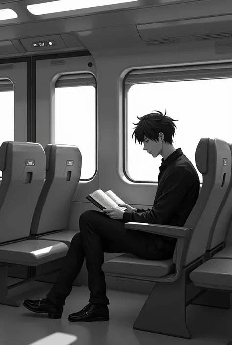  A black and white anime style image of a futuristic train interior with a young man sitting with a book 