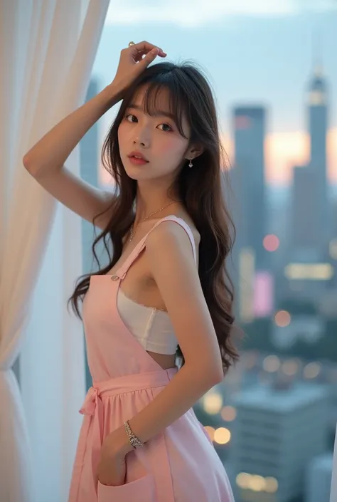 (Create a full-body image of a 20-year-old Korean idol,) dressed in a pastel naked breast  and apron  with her long hair cascading down her back. Standing in front of white curtains fluttering in the wind. The backdrop is a modern city skyline at dusk, wit...