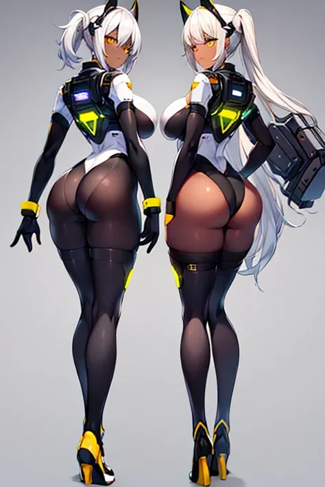 2girls, dark-skinned females, dark-skinned female, dark skin, white hair, long hair, very short hair, large breasts, breasts, wide hips, yellow eyes, smile, bodysuit, black bodysuit, neon trim, sleeveless, black pantyhose, pantyhose, futuristic, tech, mach...