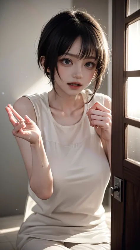 In 8K、Highest quality、masterpiece、Very detailed、Ultra-high resolution、

Bathroom、girl、Wrap a large towel around your body、Expose your shoulders、Wet your hair、Wet Skin、Water droplets fall、(Jirai Type Makeup:1.3、jirai girl:1.3、Red eyeliner), (Blowjob Gesture...