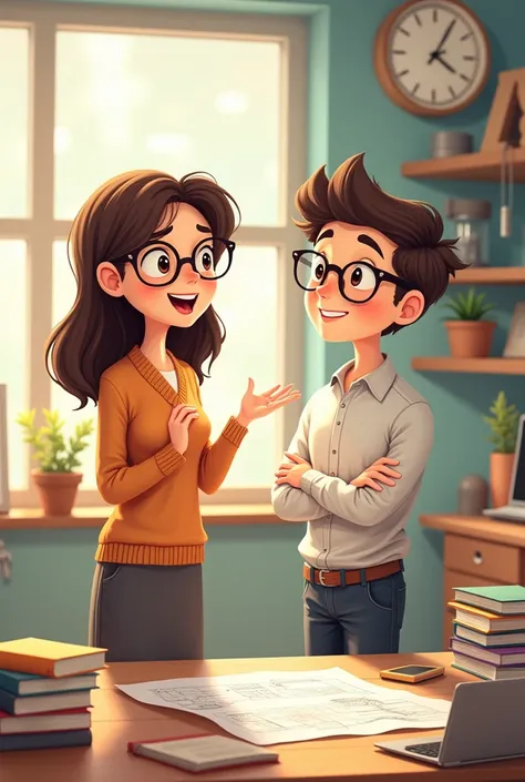 Make me laptop wallpaper paper  a cute cartoon character the girl is a teacher and yhe boy is  Engineer in one frame in landscape mode