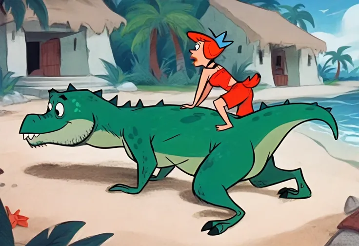 (nude) (Betty Rubble, twenty years old, back hair, trim pubic hair) full body, vaginal fucking a (furry cartoon green-spotted dinosaur with large penis) on a deserted beach