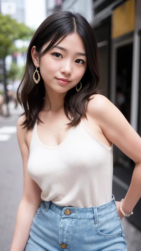 Random Face, 1 Japanese girl, Tokyo Street, Simple Background, whole body, close, smile, (8k, RAW Photos, Highest quality, masterpiece:1.2),(Realistic, photo-Realistic:1.37), (Beautiful and detailed eyes), Stylish girl, (smile), Earrings,(mini skirt), Expo...