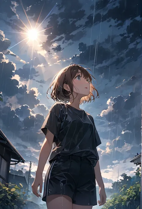 Japanese cartoon、((Astonishingly)),(masterpiece:1.2),超High resolution, Attention to detail, high quality, High resolution, 最high quality, 4K, 8k、Crying girl、A boy looks up at the sky，One hand raised to the sky、Dark sky with dark clouds、After the heavy rain...